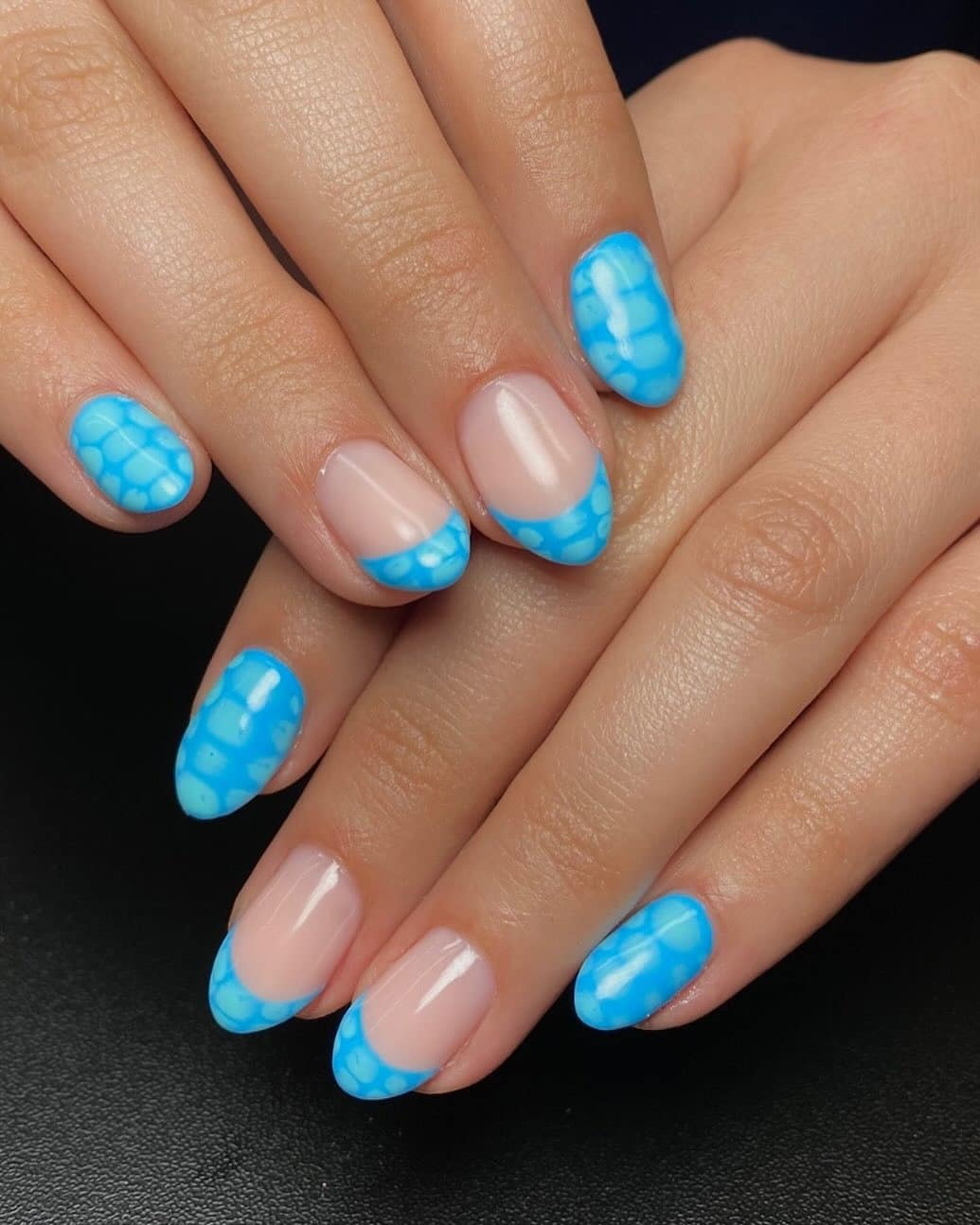 7. Sky Blue Turtle-Shell French Tips - blue summer nail ideas