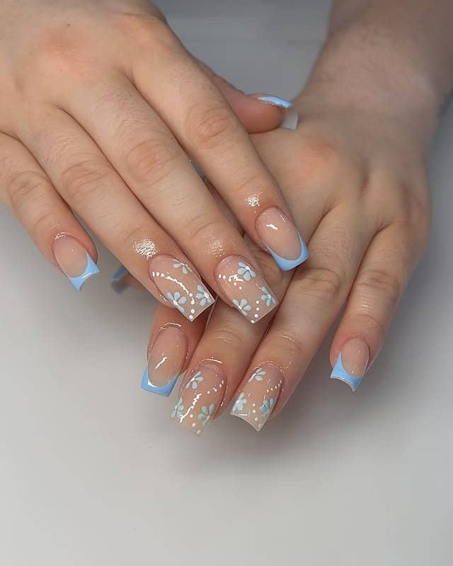 8. Baby Blue Floral French Squares - blue summer nail ideas