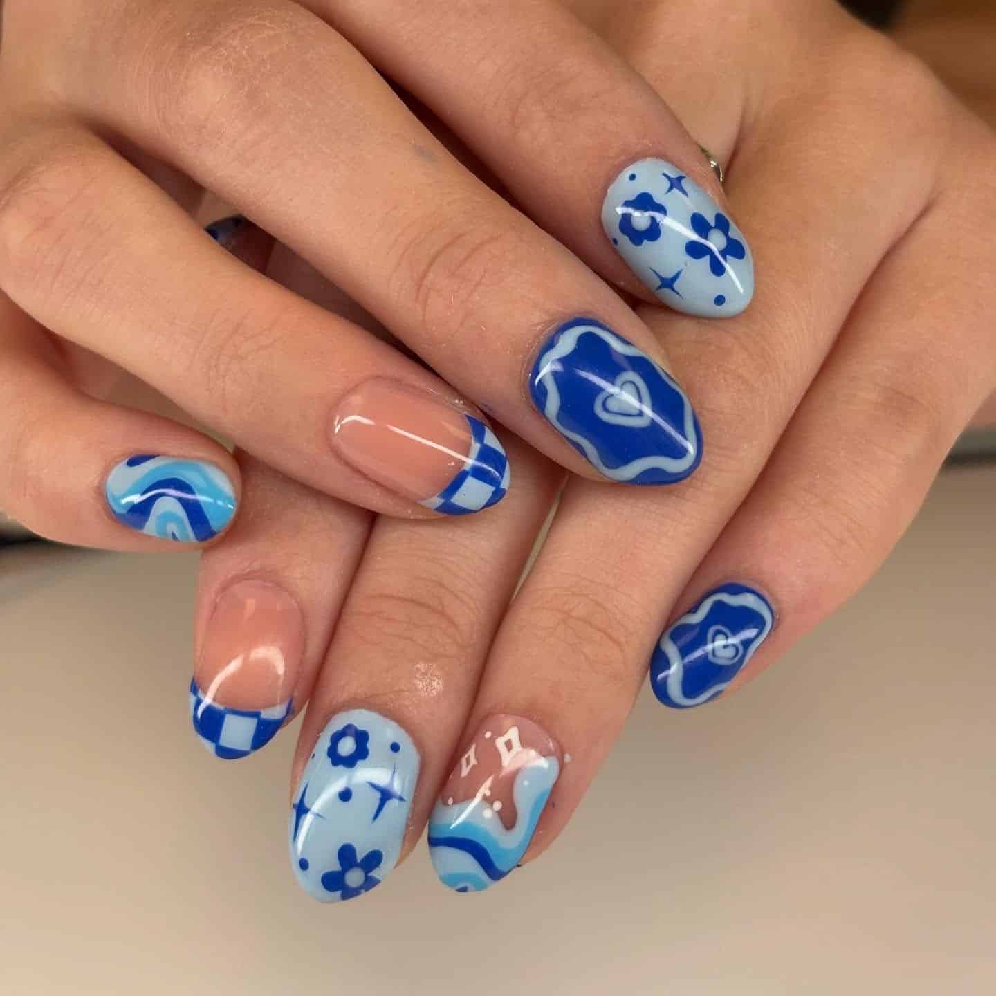 11. Retro Blue Mix-Art Almond Nails - blue summer nail ideas