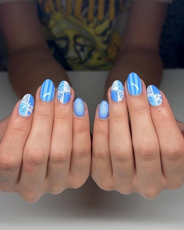 13. Patchwork Blue Pattern Nails - blue summer nail ideas