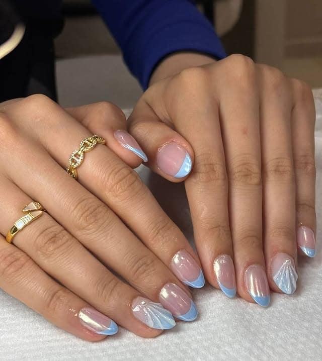21. Shell-Detail Baby Blue French Nails - blue summer nail ideas