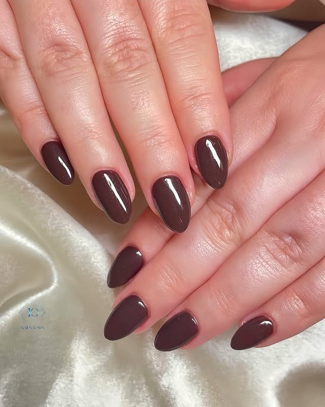 4. Mocha Shine Almond Nails - brown fall nail ideas