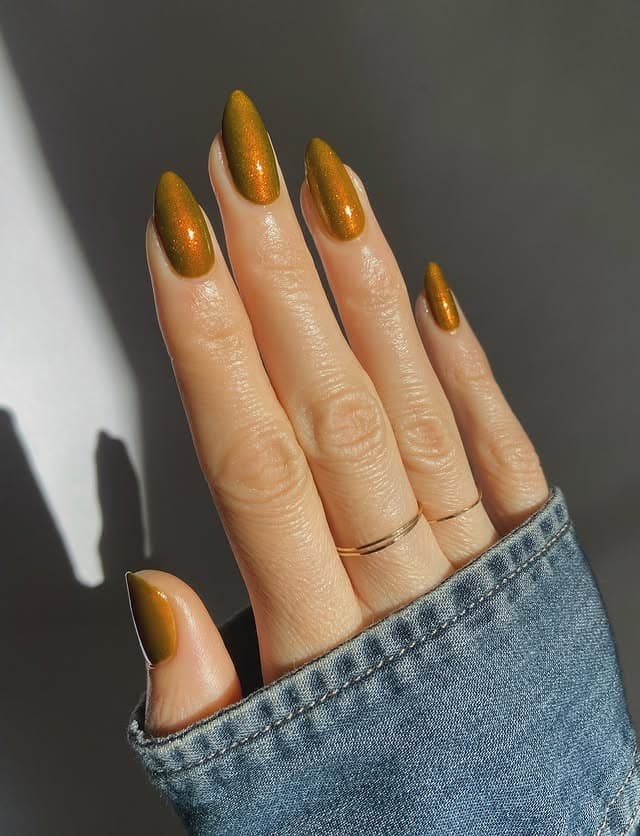 6. Golden Olive Metallic Nails - brown fall nail ideas