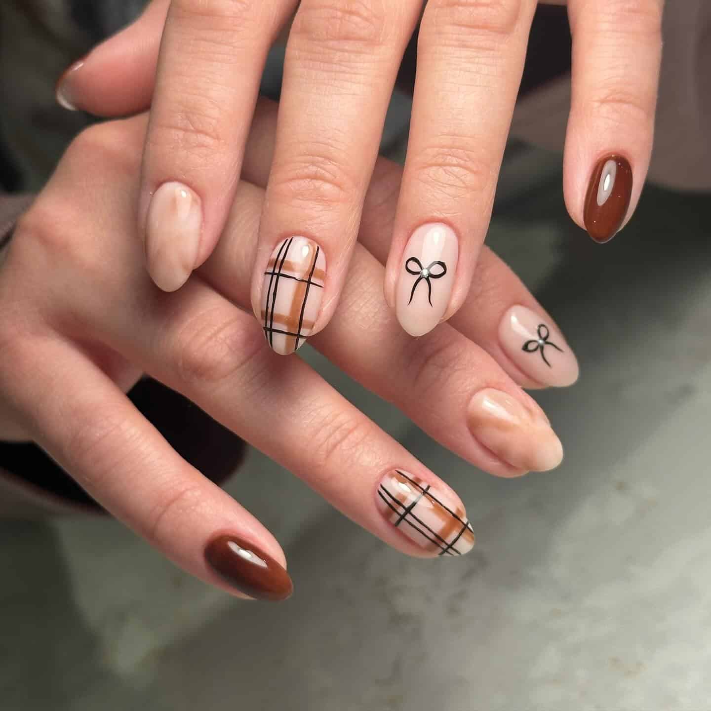 12. Plaid & Ribbon Accent Neutrals - brown fall nail ideas