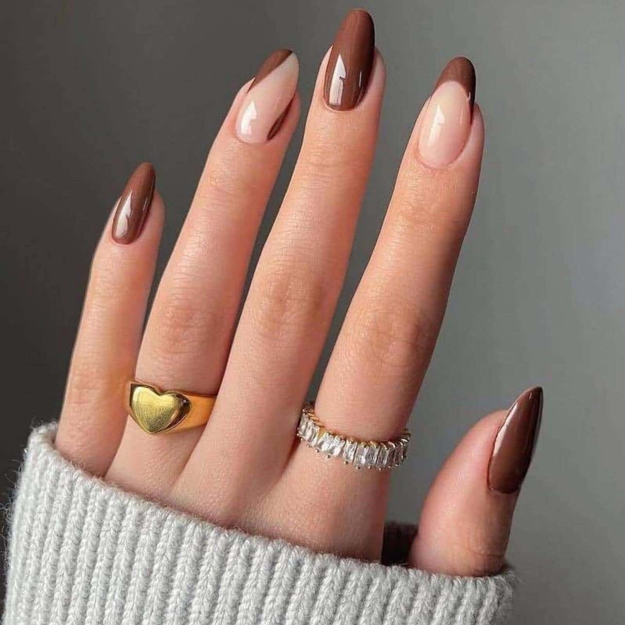 14. Two-Tone Chocolate French Nails - brown fall nail ideas