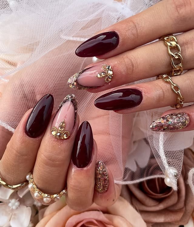 17. Burgundy Glam with Crystal Detailing - brown fall nail ideas