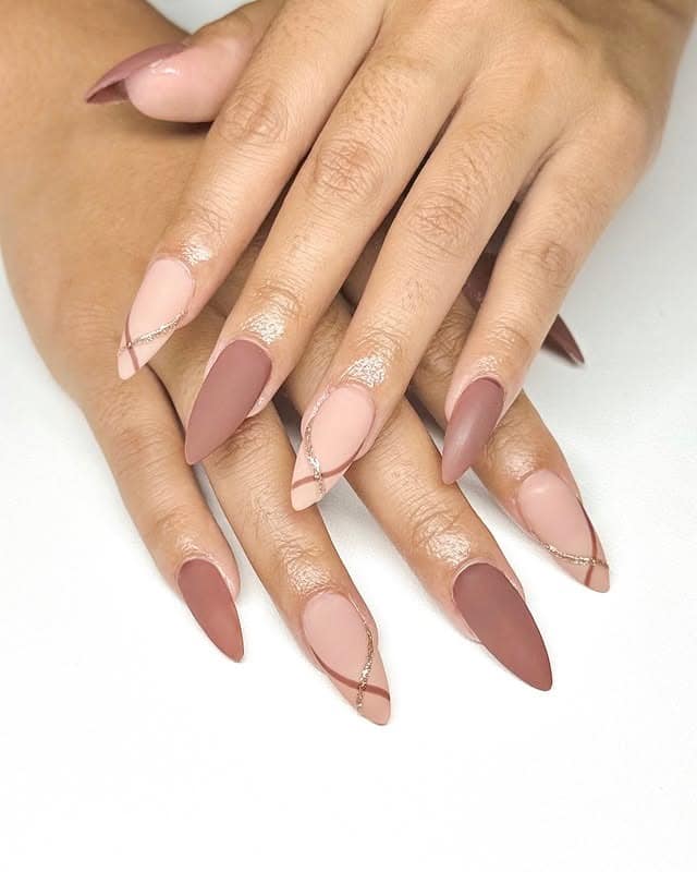21. Matte Cocoa & Nude Cutout Almond Nails - brown fall nail ideas
