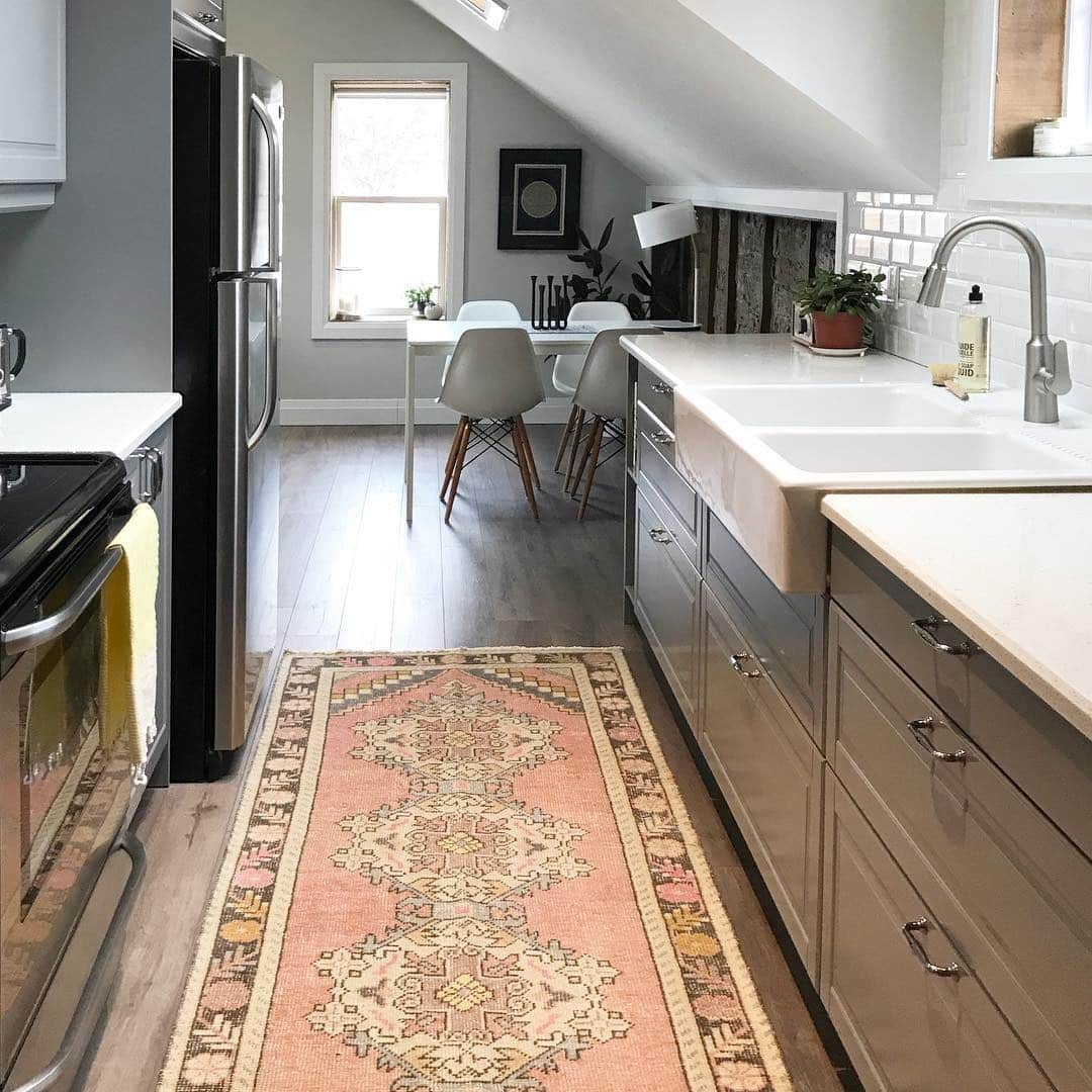 3. Gray Galley Kitchen with Warm Peach Tribal Runner - kitchen rug ideas