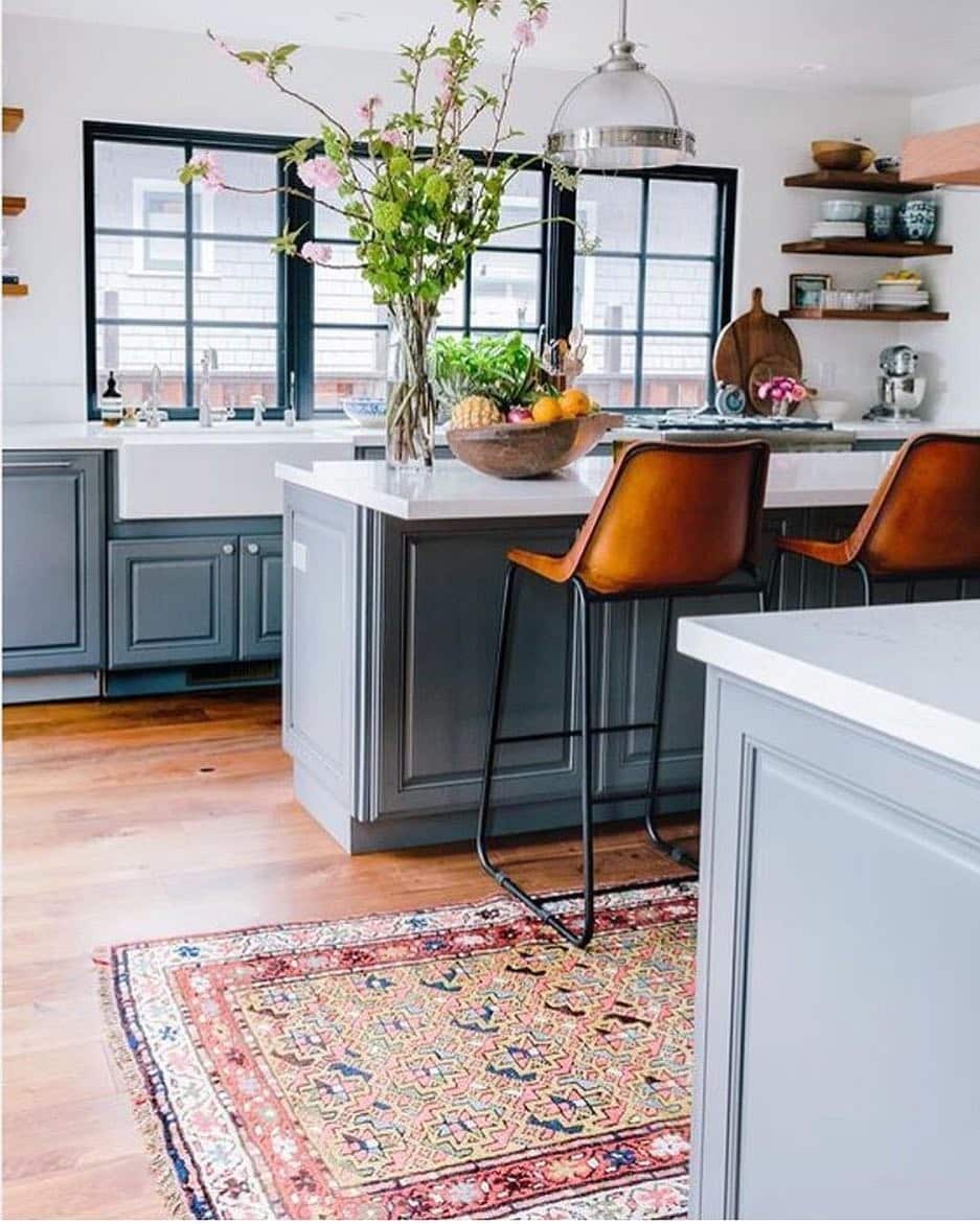 4. Blue-Gray Kitchen with Classic Oriental Rug - kitchen rug ideas