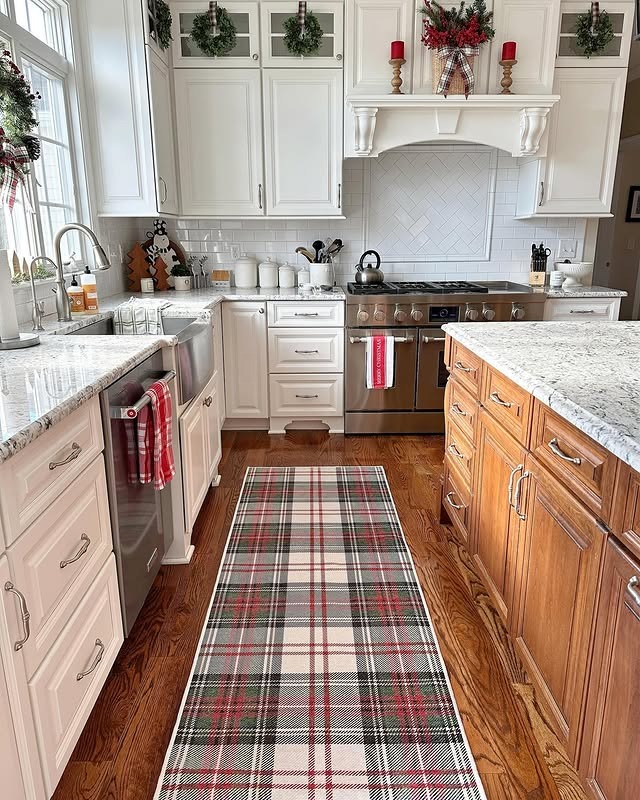 5. White and Wood Kitchen with Holiday Plaid Runner - kitchen rug ideas