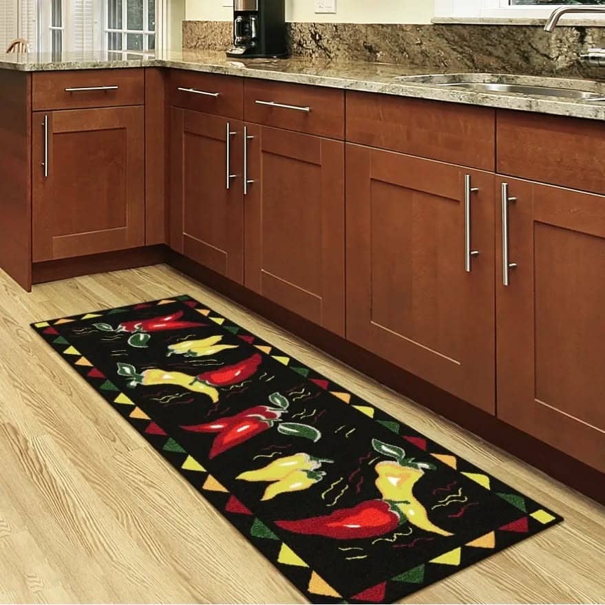 6. Warm Wood Cabinetry with Bold Produce-Inspired Runner - kitchen rug ideas