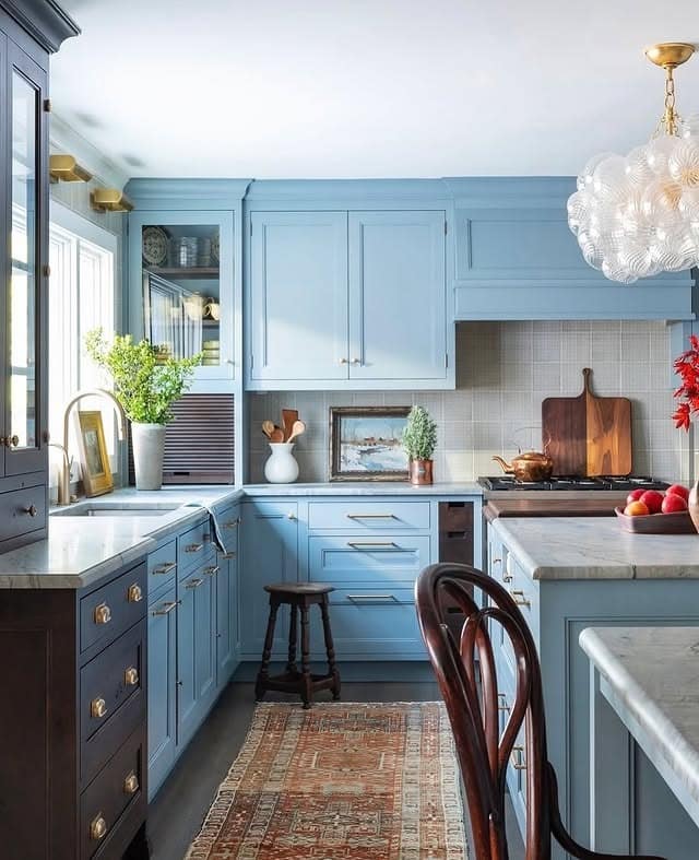 8. Powder-Blue Kitchen with Terracotta Vintage Runner - kitchen rug ideas