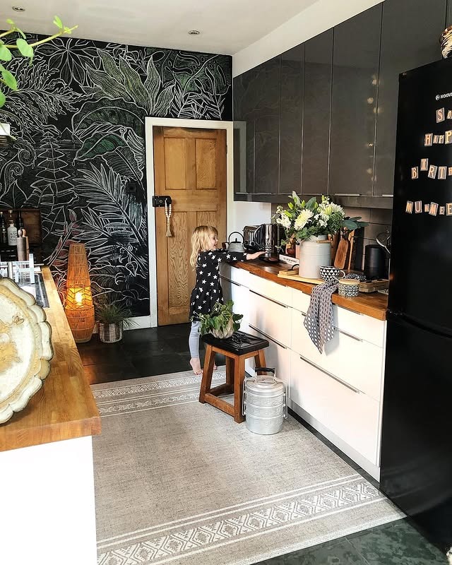 16. Botanical Wall Mural with Soft Neutral Runner - kitchen rug ideas