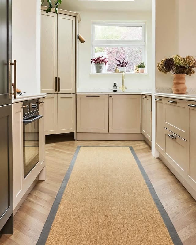 17. Warm Beige Cabinetry with a Simple Natural Fiber Runner - kitchen rug ideas