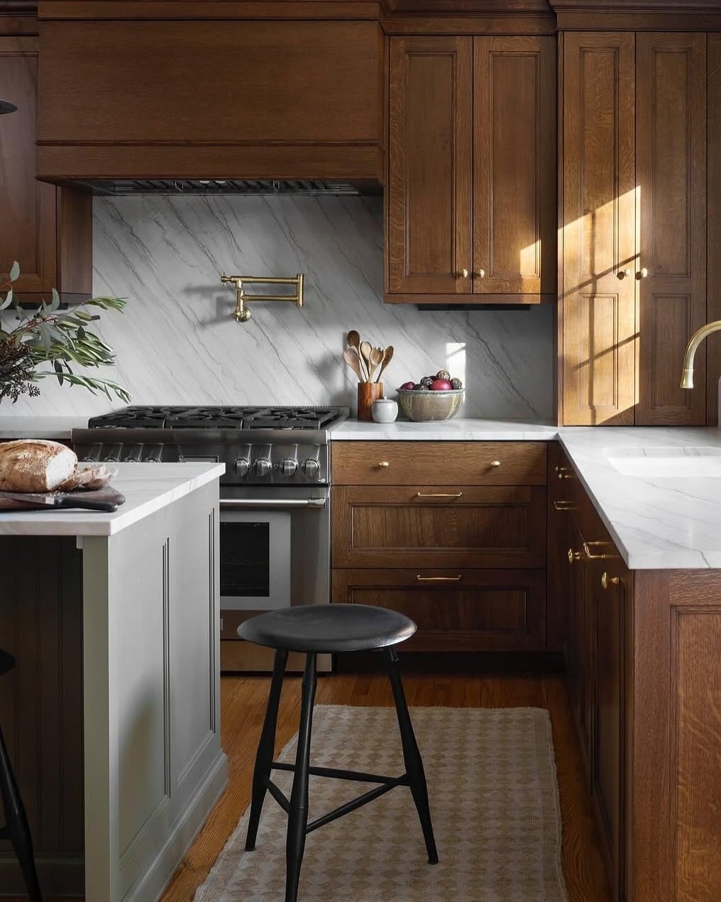 19. Rich Wood Cabinetry with a Minimal Textured Rug - kitchen rug ideas