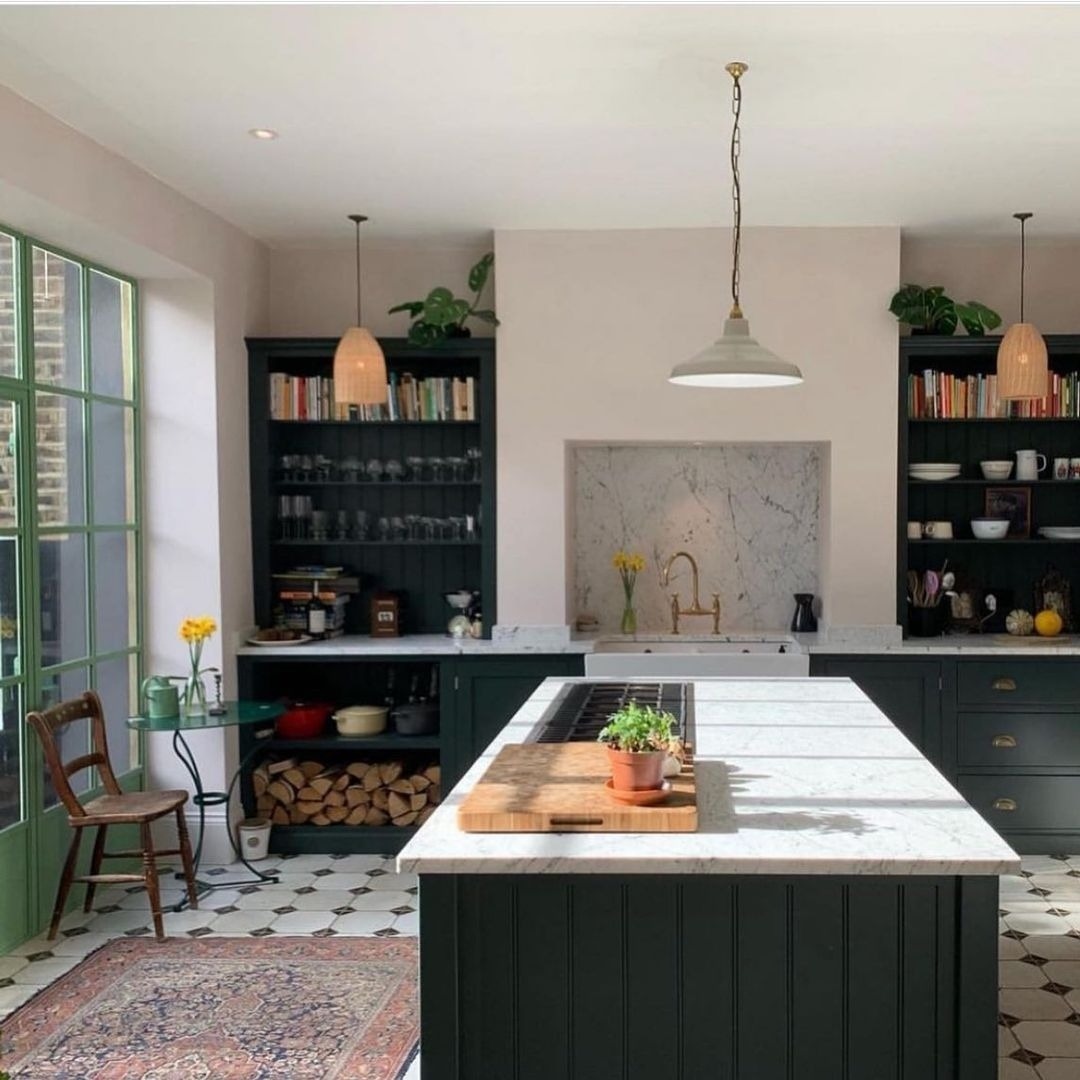 20. Charcoal Green Cabinets with Soft Traditional Rug - kitchen rug ideas