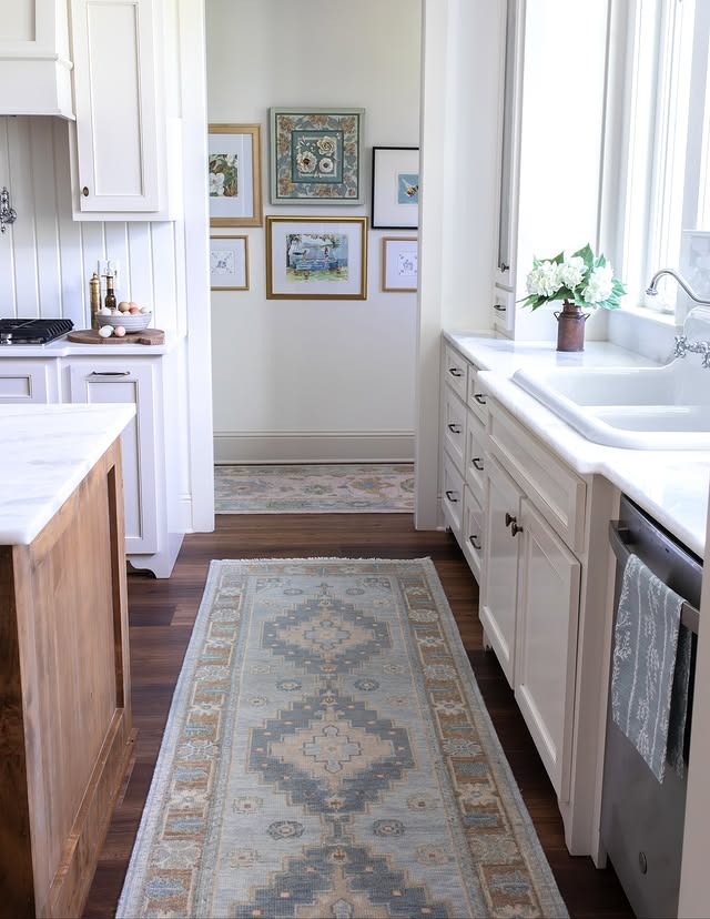 21. Soft Blue and Taupe Runner in a Light Traditional Kitchen - kitchen rug ideas