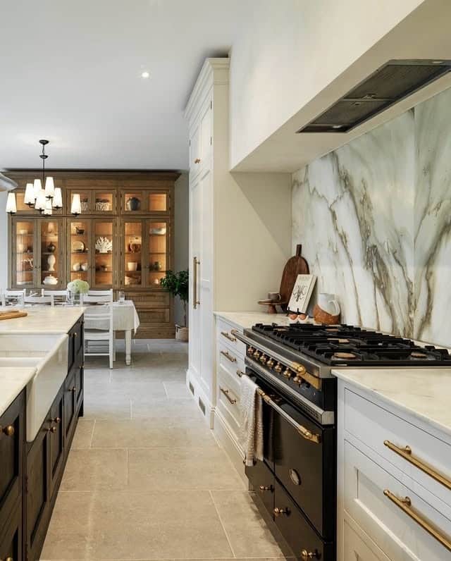 1. Classic Black & White Kitchen with Marble Drama - two tone kitchen ideas