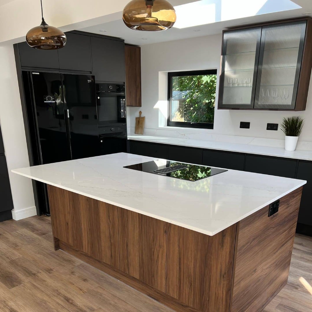 2. Walnut & Charcoal Modern Kitchen with Bright White Countertops - two tone kitchen ideas