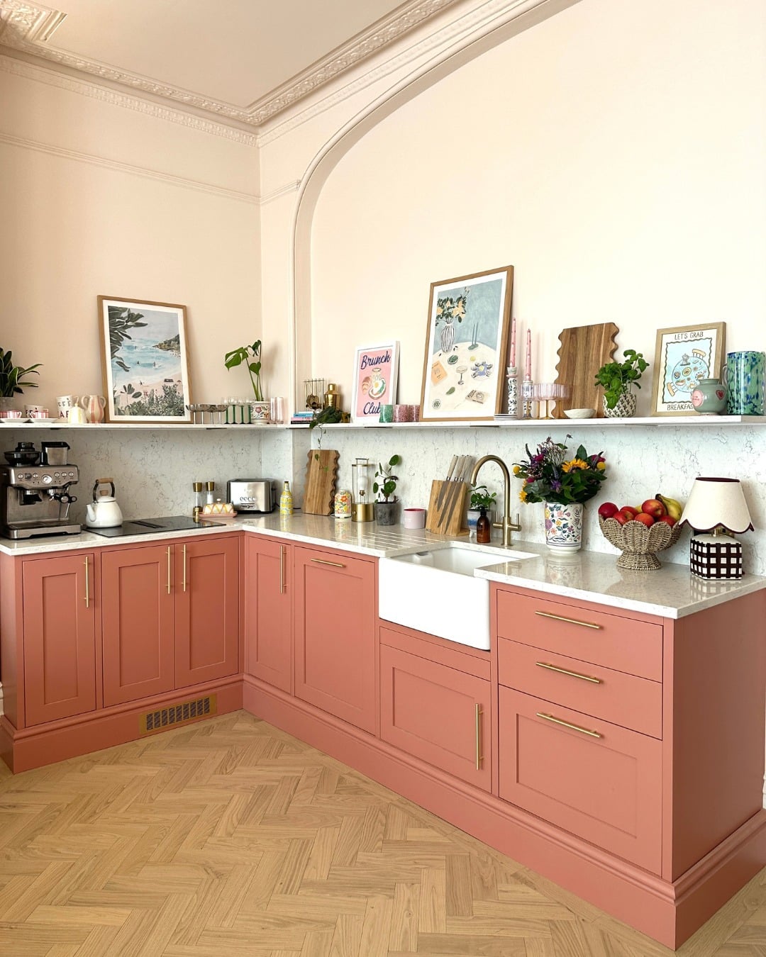 4. Coral & Cream Kitchen with Playful Personality - two tone kitchen ideas