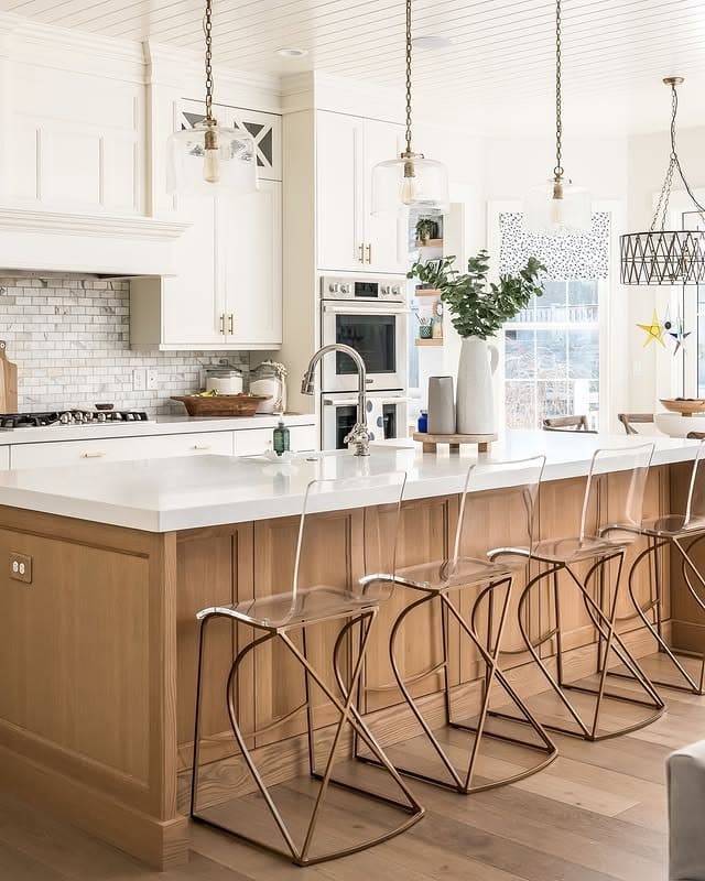 6. Oak & White Kitchen with Modern Clear Seating - two tone kitchen ideas