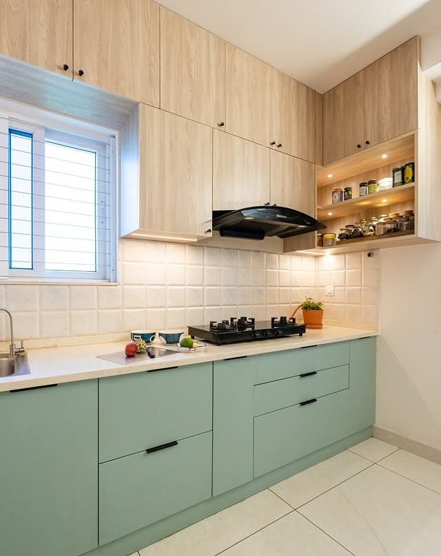 10. Mint Green & Light Oak Kitchen with Soft Minimalist Style - two tone kitchen ideas