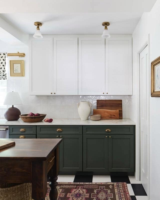 11. White & Forest Green Kitchen with Warm Brass Accents - two tone kitchen ideas