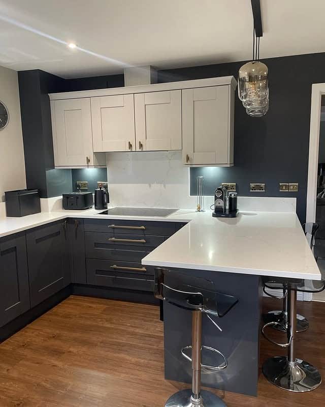 13. Charcoal & Soft Grey Kitchen with Contemporary Lighting - two tone kitchen ideas