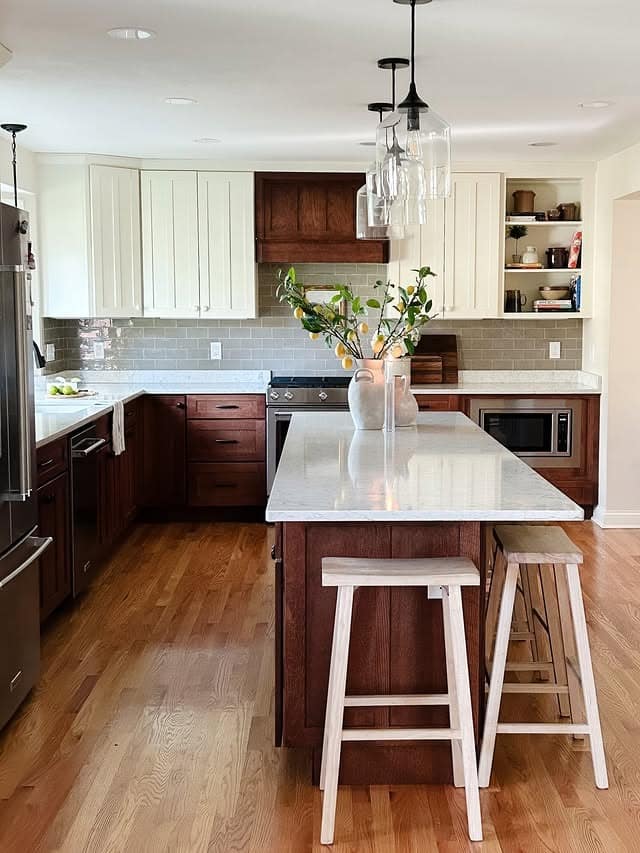 18. White & Cherry Wood Kitchen with Warm Grey Tilework - two tone kitchen ideas