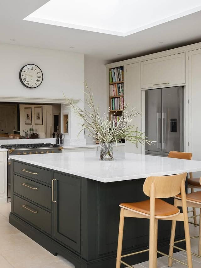 20. Ivory & Deep Olive Kitchen with Brass Hardware - two tone kitchen ideas