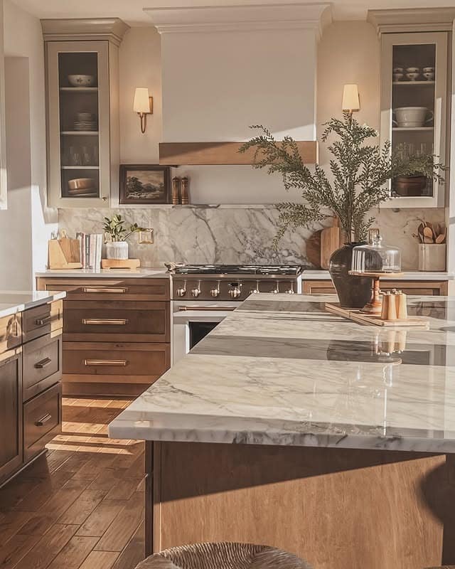 22. Walnut & Putty-Toned Kitchen with Marble Layers - two tone kitchen ideas