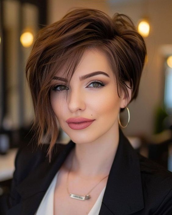 15. Asymmetrical Chestnut Long Pixie - Long Pixie Cuts
