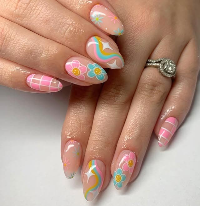 4. Tropical Retro Floral Mix - caribbean nail ideas