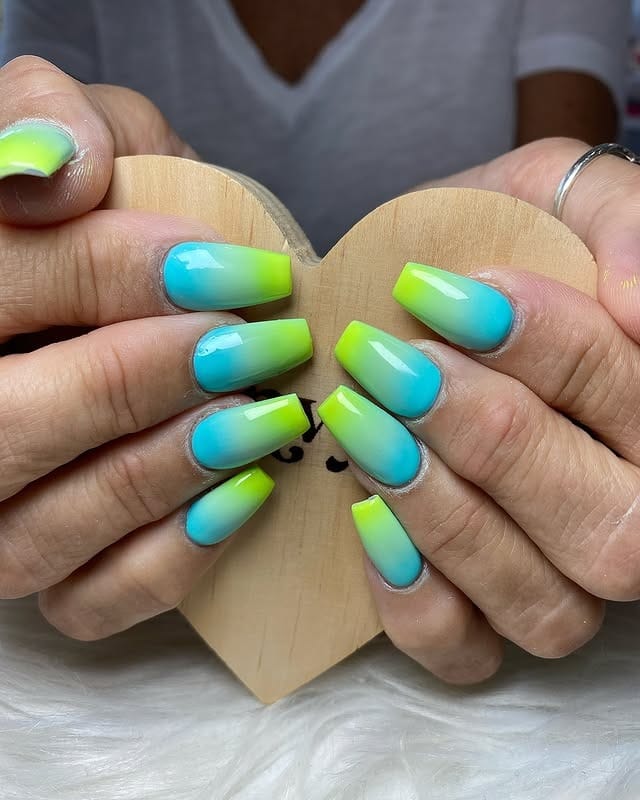 15. Neon Lagoon Fade Coffins - caribbean nail ideas