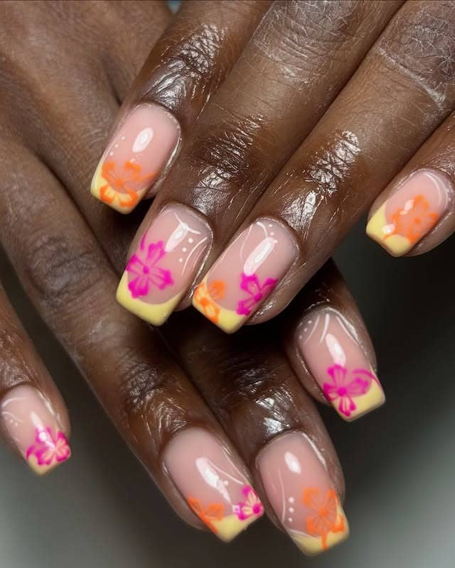 18. Sunset Bloom Square Tips - caribbean nail ideas