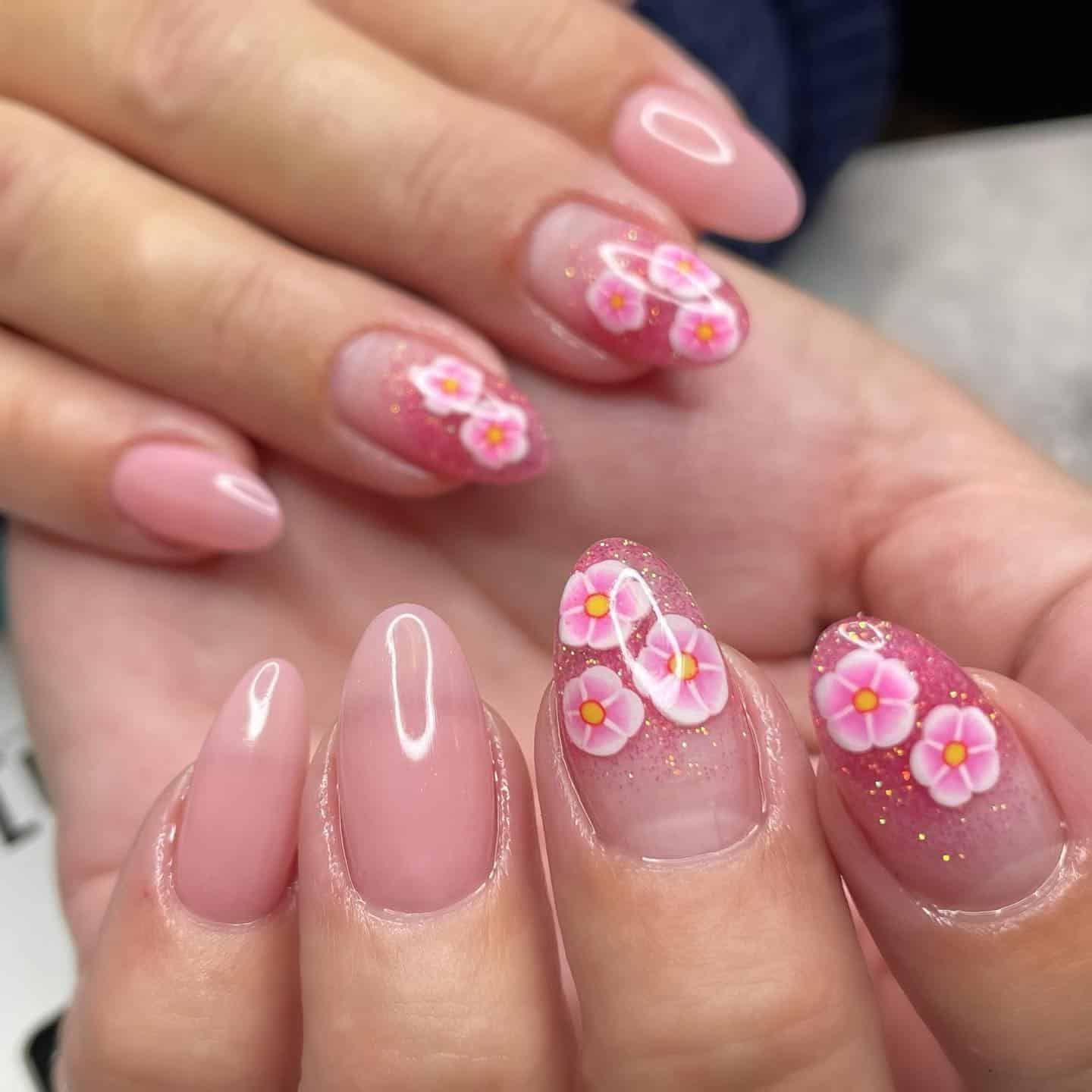 19. Pink Blossom Glitter Almonds - caribbean nail ideas