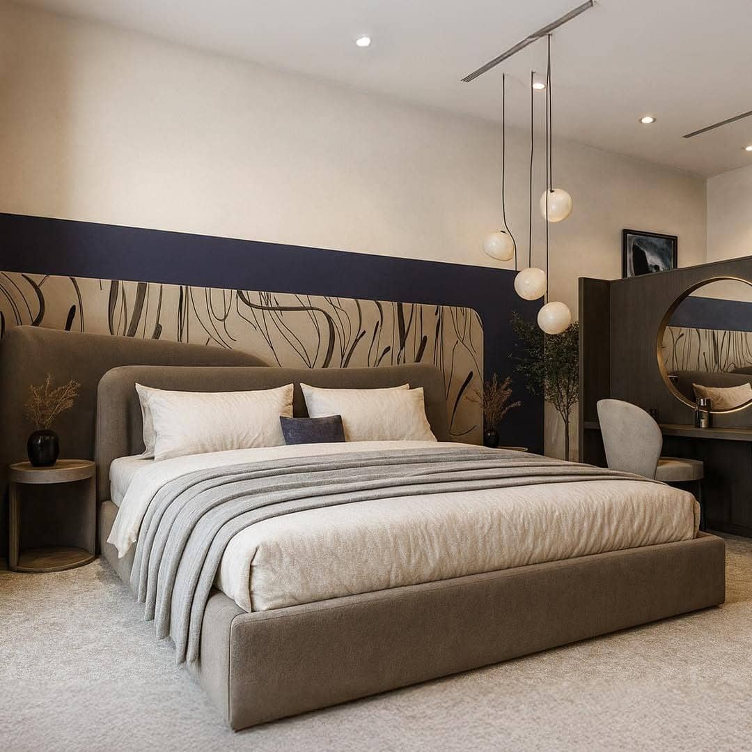 4. Textured Panels with Deep Contrast - black and cream bedroom ideas