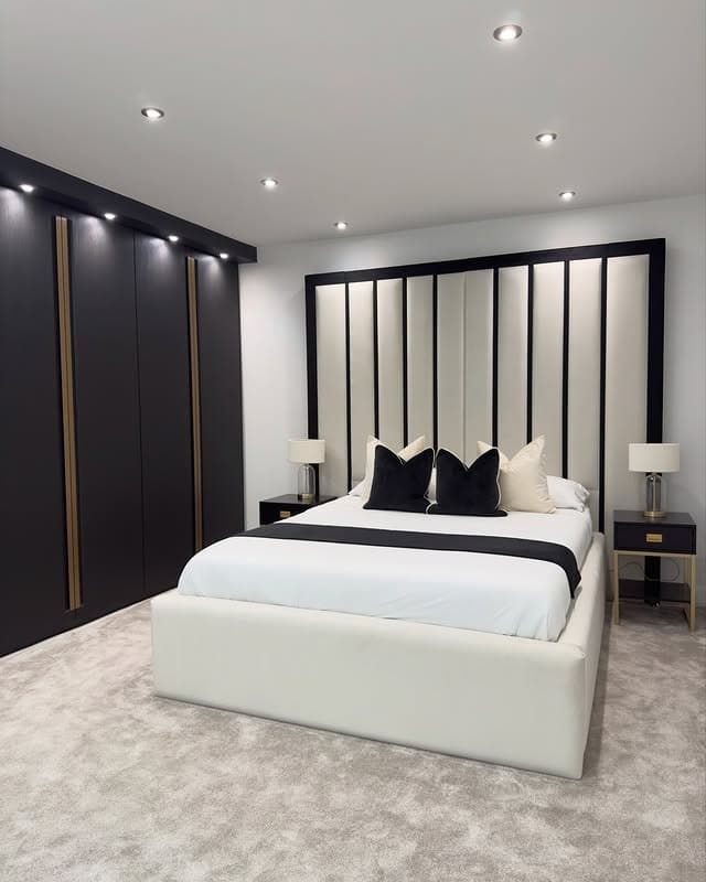 14. Structured Black and Cream Statement Wall - black and cream bedroom ideas
