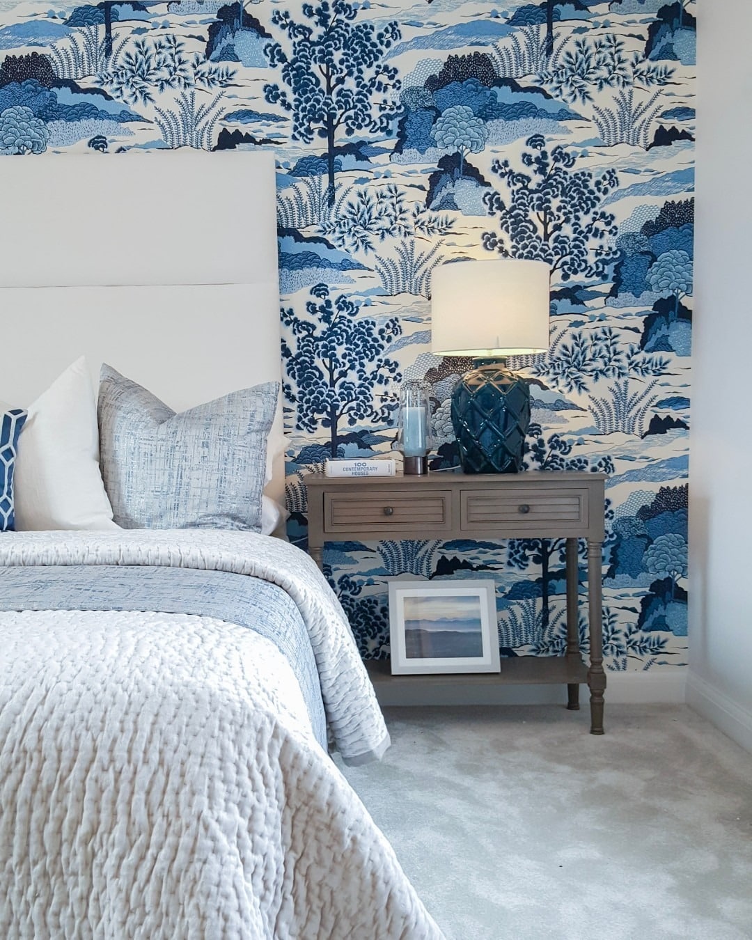 3. Patterned Accent Wall With Cool Blues - blue and white bedroom ideas