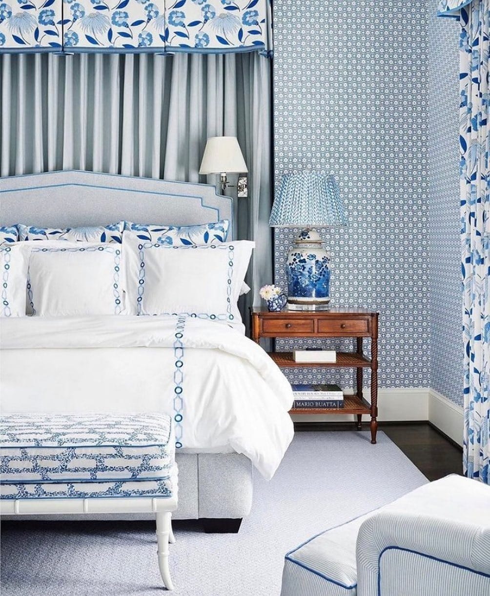 4. Blue Chinoiserie-Inspired Bedroom - blue and white bedroom ideas