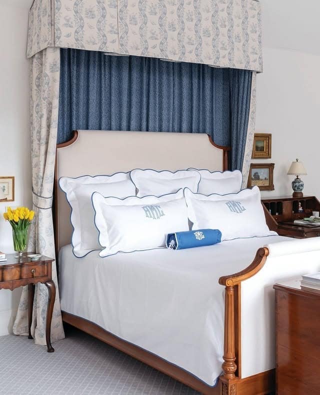 5. Traditional Canopy Bed With Blue Accents - blue and white bedroom ideas