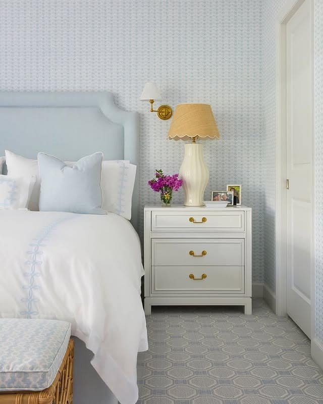 10. Soft Powder-Blue Headboard & White Linens - blue and white bedroom ideas