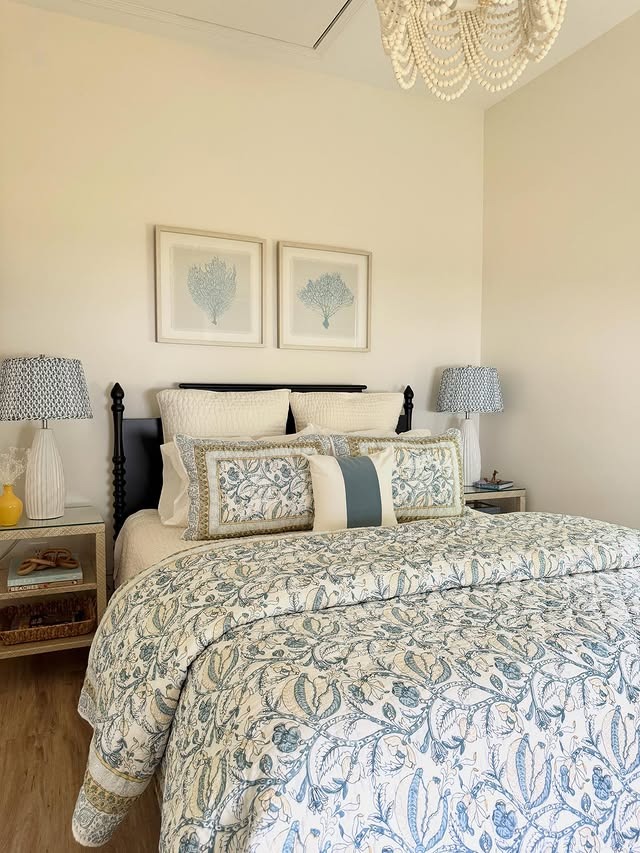 13. Botanical Block-Print Bed Ensemble - blue and white bedroom ideas