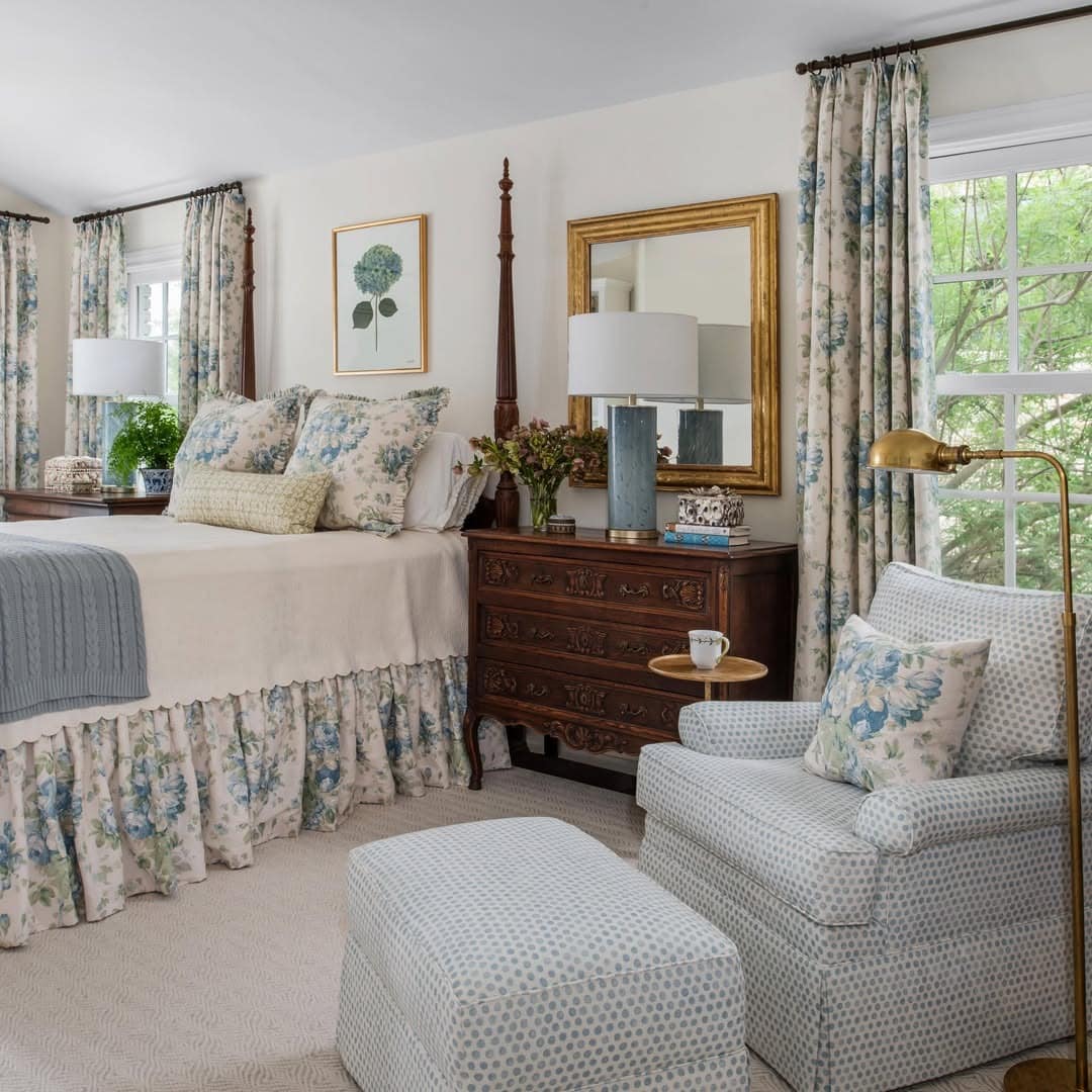 14. Traditional Bedroom With Blue Floral Textiles - blue and white bedroom ideas