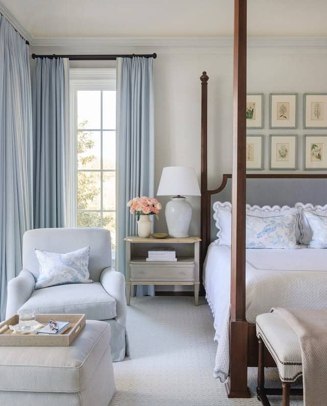 16. Classic Four-Poster Suite With Sky Blue Accents - blue and white bedroom ideas