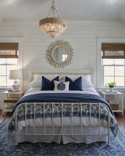 17. Navy and White Cottage Iron Bed Room - blue and white bedroom ideas
