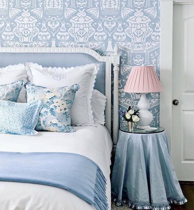 18. French Blue Patterned Wallpaper Bedroom - blue and white bedroom ideas