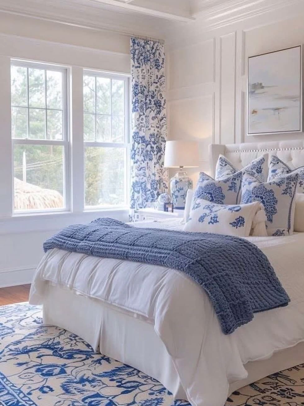 19. Blue Floral Drapery & Layered Bedding Room - blue and white bedroom ideas