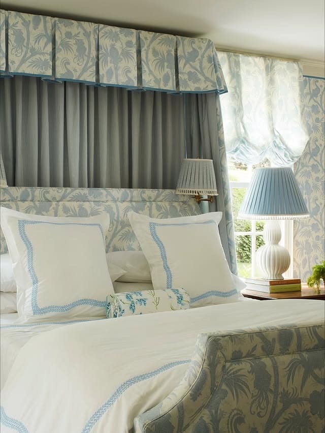 20. Soft Blue Canopy With Coordinated Bedding - blue and white bedroom ideas