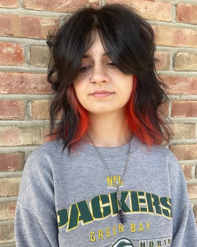 1. Textured Black Wolf Cut with Fiery Underlights - Wolf Haircuts